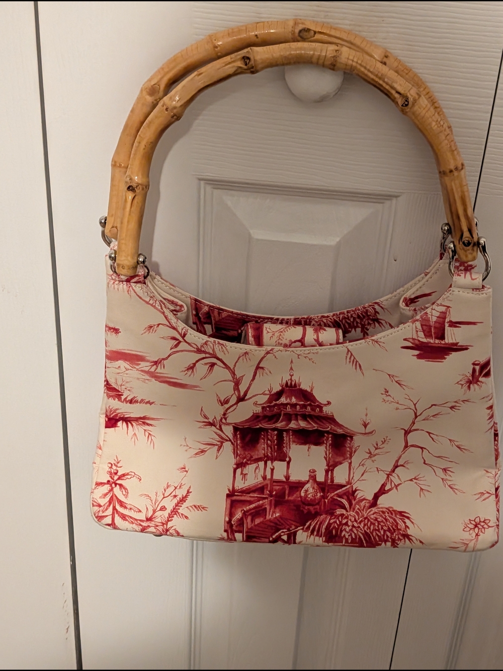 Vintage Talbots Cream and Red Toile Bamboo-Handle Shoulder Bag